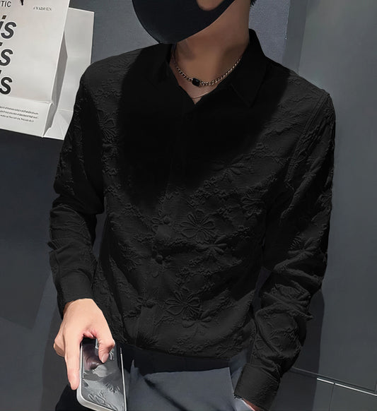 Flower Textured Black Full Sleeve Shirt