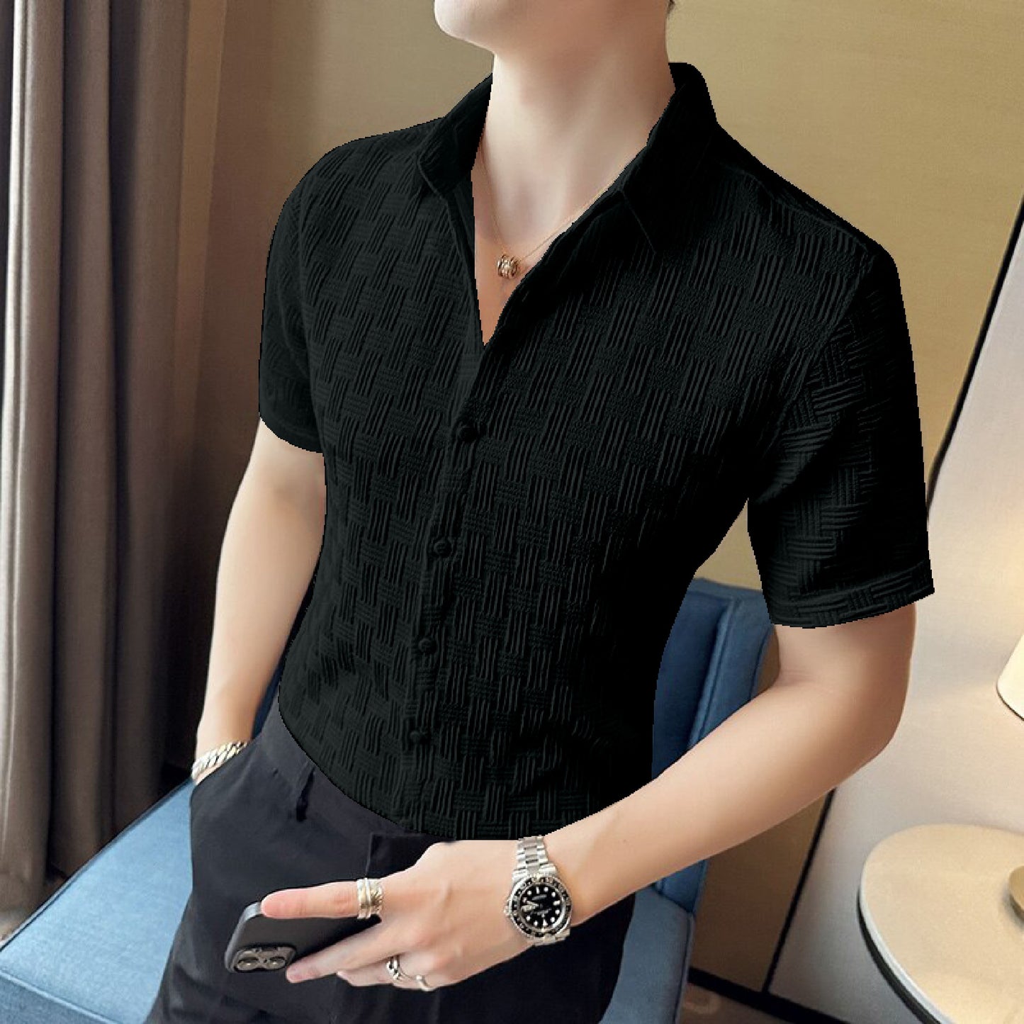 Black Textured Regular Fit Shirt with Short Sleeves