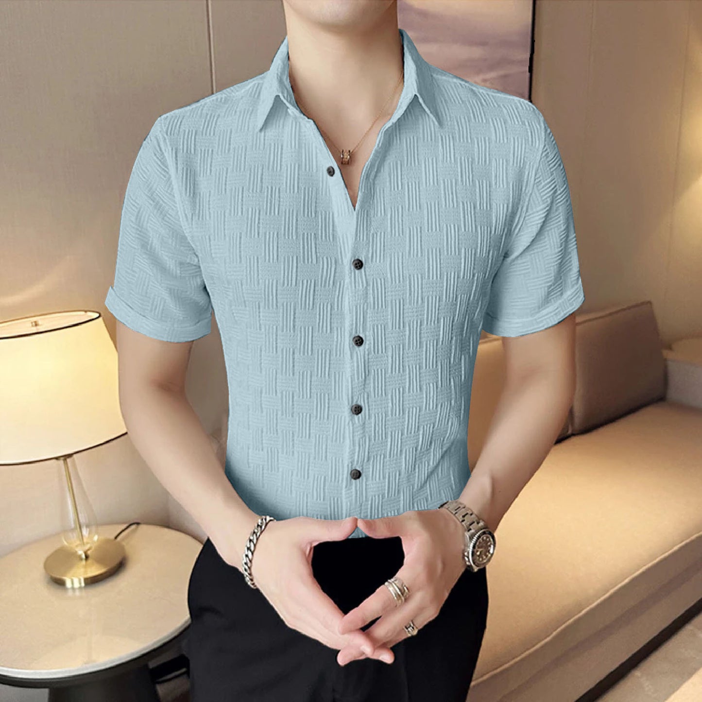 Light Blue Textured Regular Fit Shirt with Short Sleeves