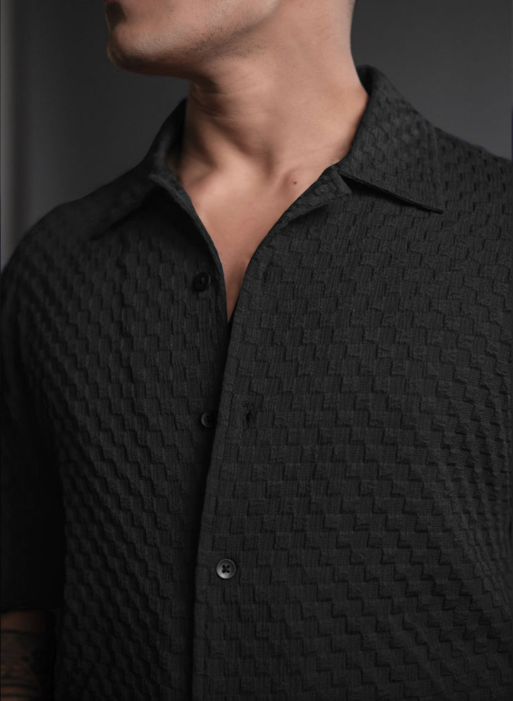 Outstanding Black Seersucker Half Sleeve Shirt