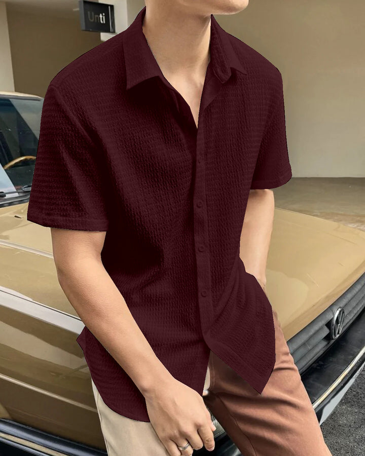 Burnt Maroon Seersucker Half Sleeve Shirt