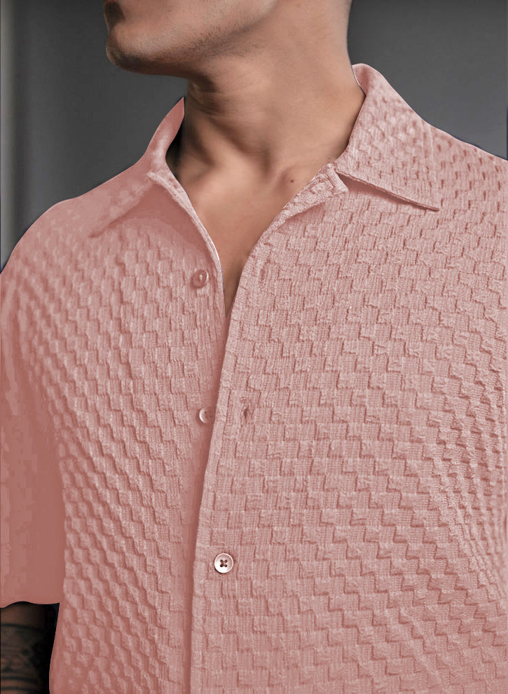 Outstanding Pink  Seersucker Half Sleeve Shirt