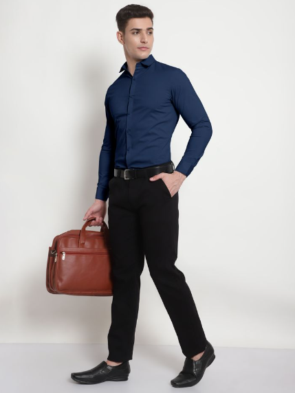 Navy Blue - Cotton Solid Shirts For Men