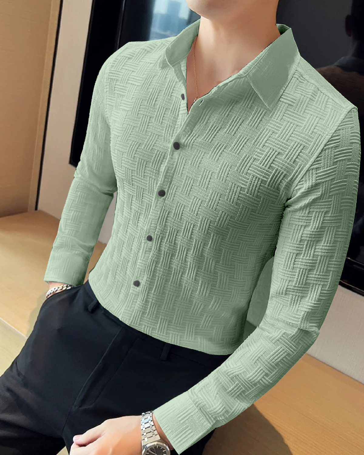 Snazzy pistachio Textured Regular Fit Shirt