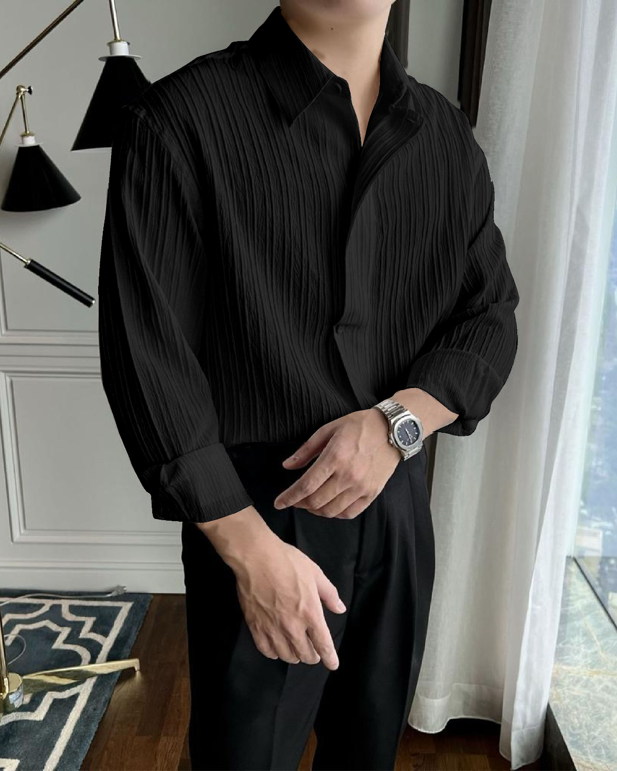 Incredible Black Regular Fit Seersucker Shirt