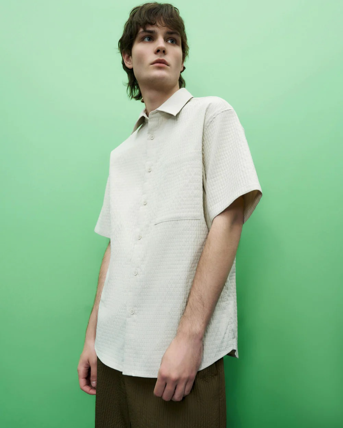 Off White Drop Shoulder Waffle Pattern Shirt