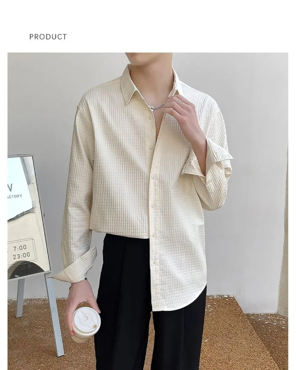 Merino White Drop Shoulder Waffle Pattern Shirt