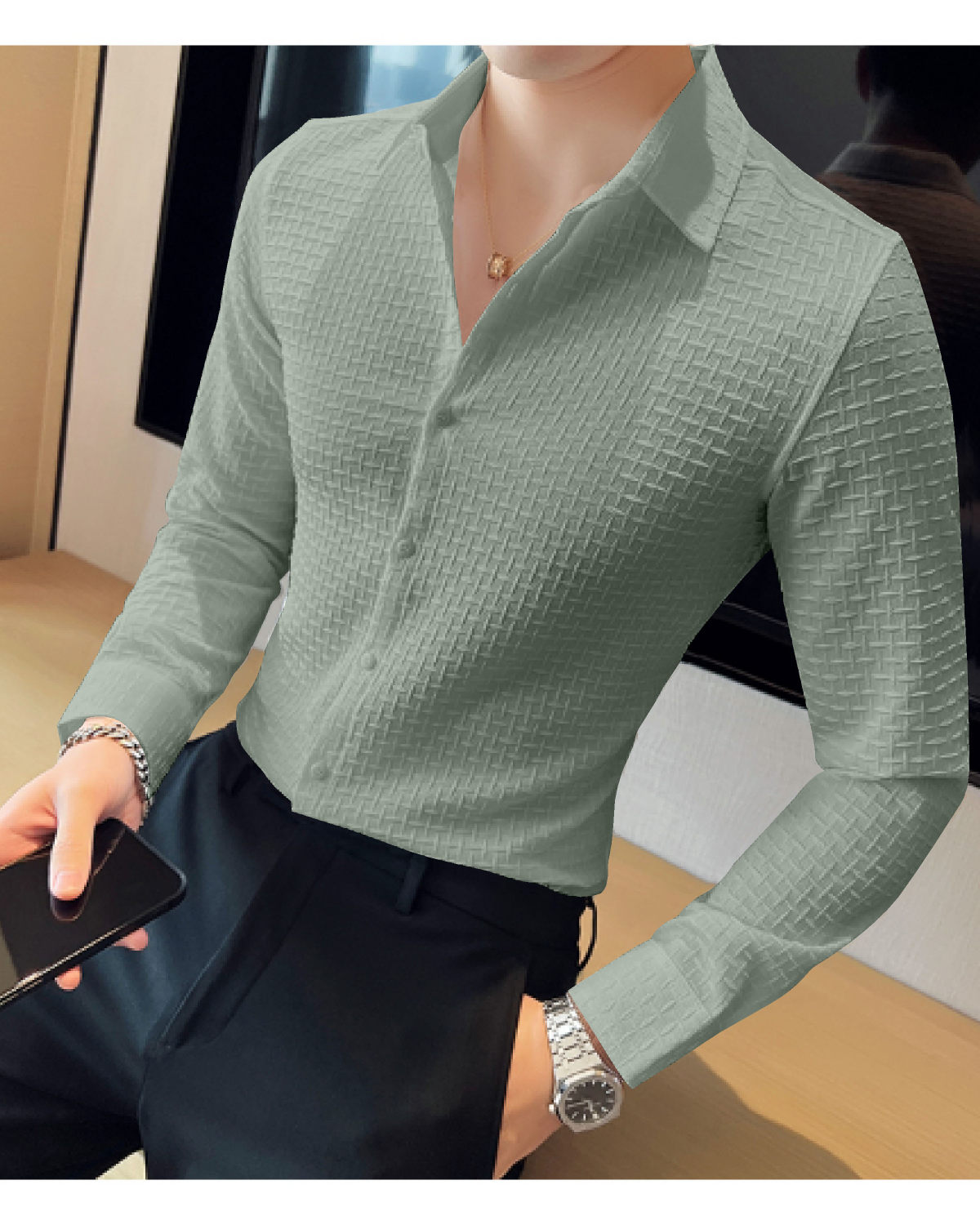 Light Green Check Textured Premium Shirt